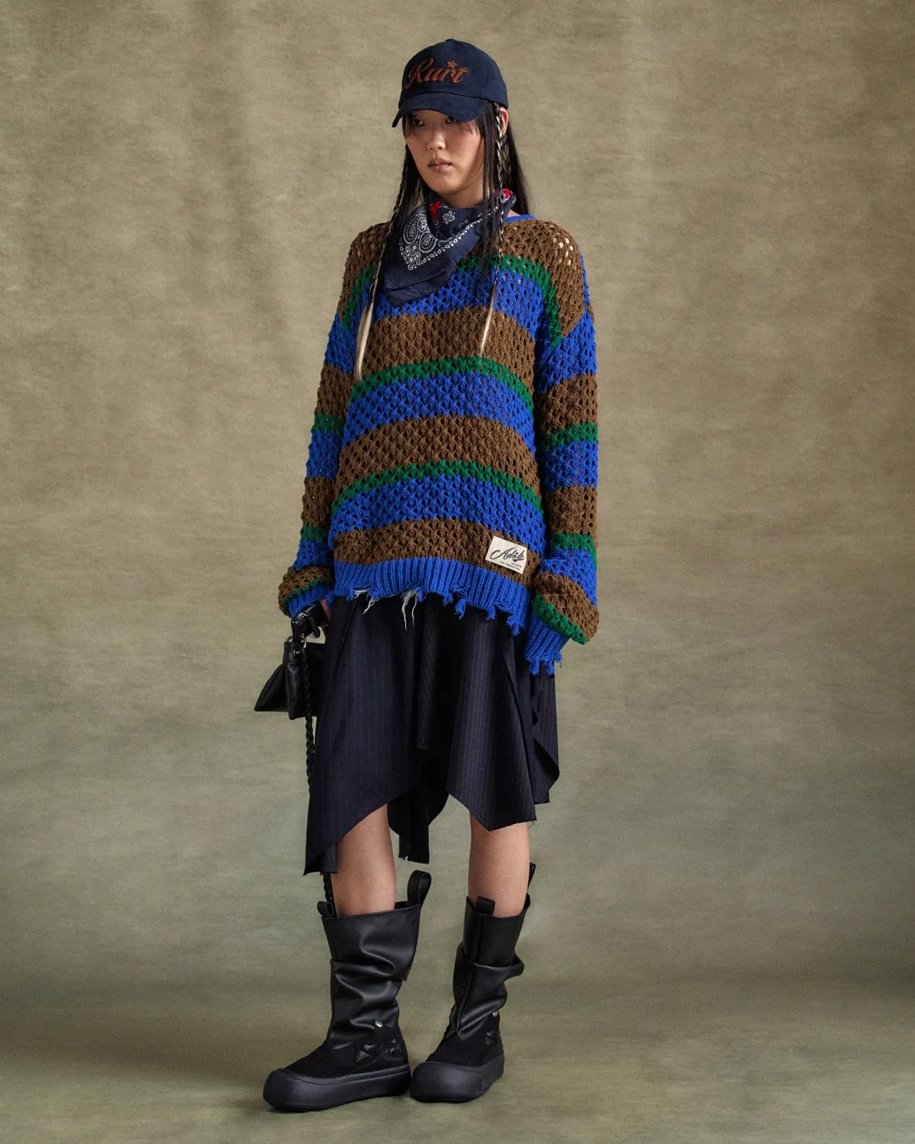 UNISEX DAMAGED STRIPE BOATNECK SWEATER atb1239u(BLUE/GREEN) sold by Andersson Bell product image thumbnail 5