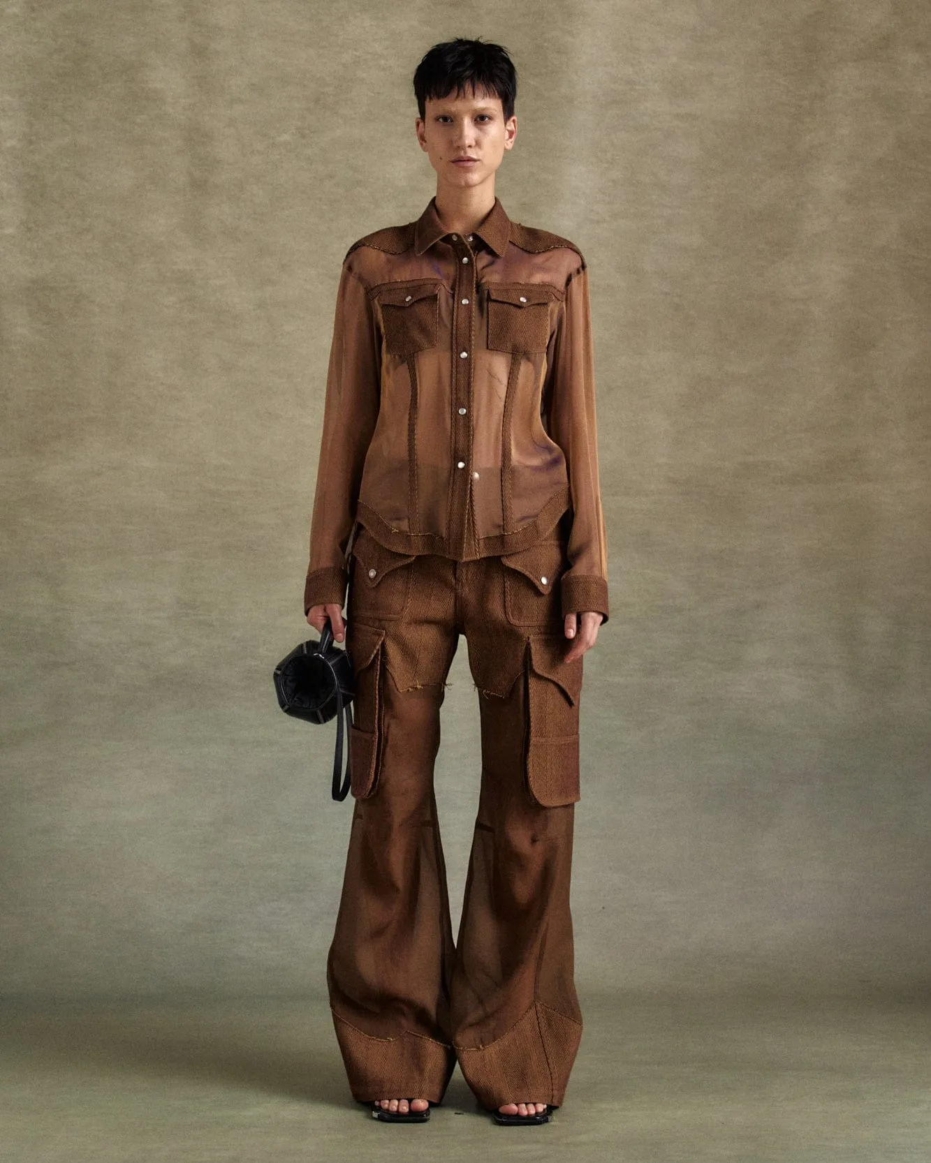 HERRINGBONE CUT-OUT SILK CHIFFON SHIRTS atb1304w(BROWN) sold by Andersson Bell product image thumbnail 4