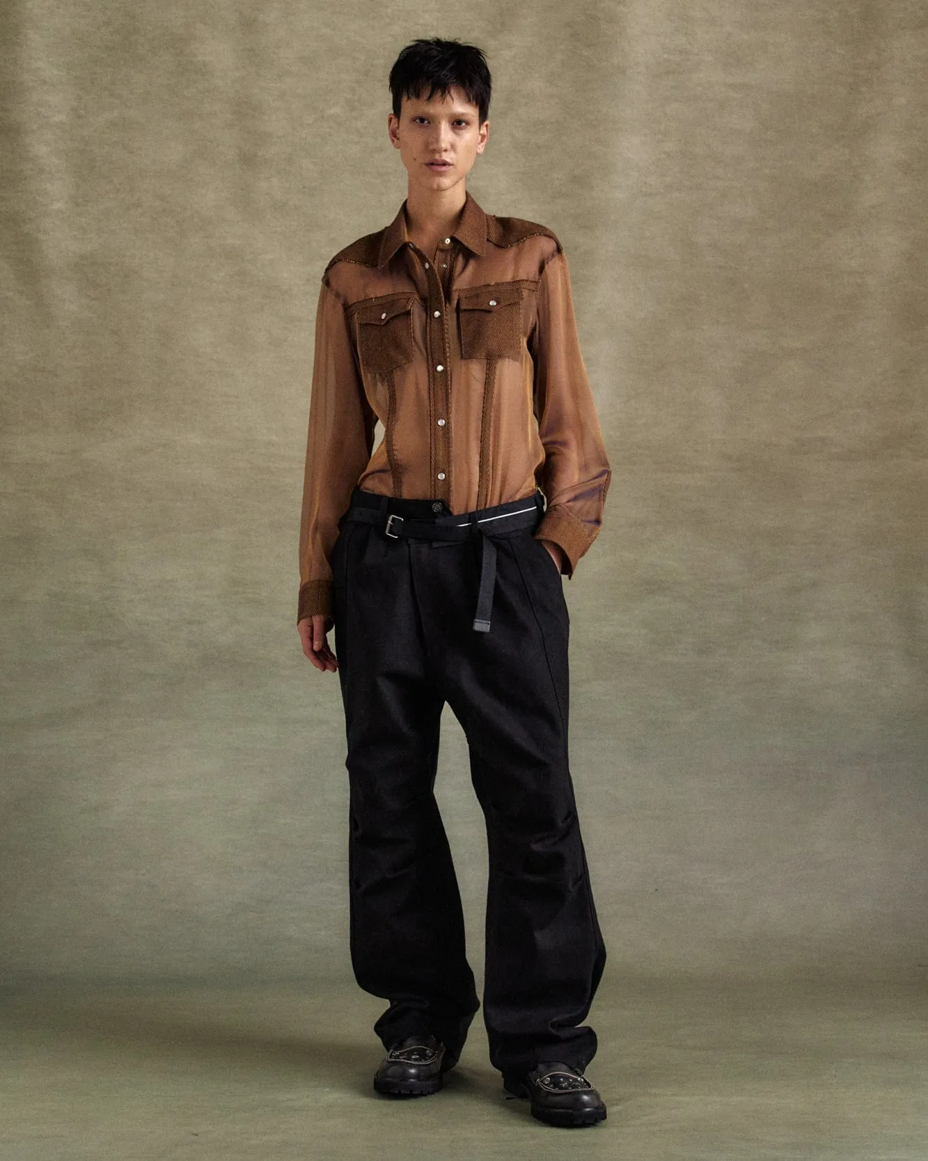 HERRINGBONE CUT-OUT SILK CHIFFON SHIRTS atb1304w(BROWN) sold by Andersson Bell