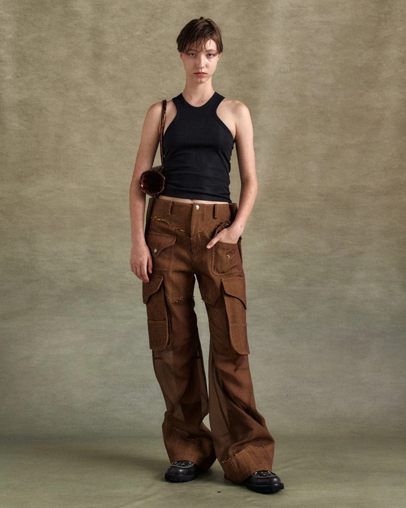 HERRINGBONE SHEER CARGO PANTS apa823w(BROWN) sold by Andersson Bell