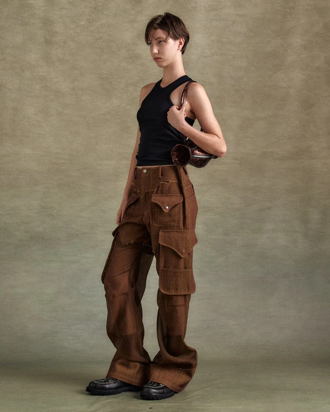 HERRINGBONE SHEER CARGO PANTS apa823w(BROWN) sold by Andersson Bell product image thumbnail 5