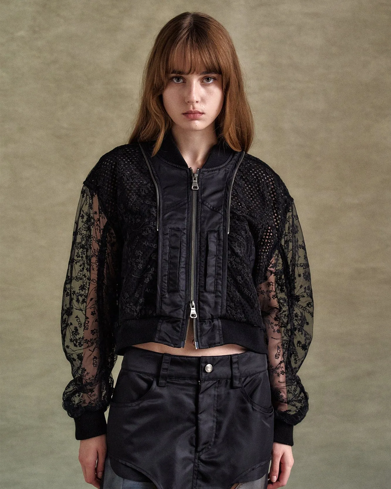 DOUBLE LAYERED LOGO LACE SHORT BOMBER awa702w(BLACK) sold by Andersson Bell