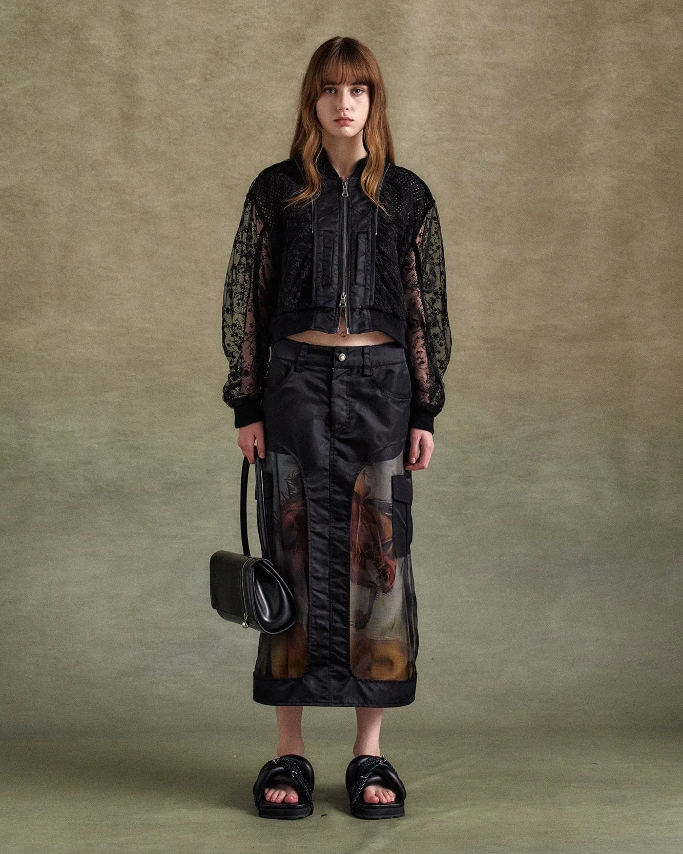 DOUBLE LAYERED LOGO LACE SHORT BOMBER awa702w(BLACK) sold by Andersson Bell product image thumbnail 5