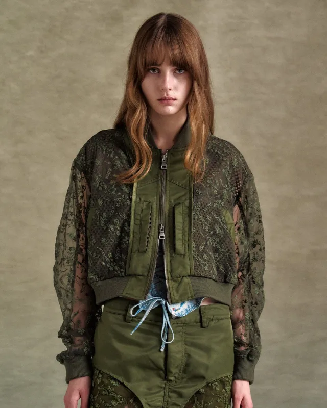 DOUBLE LAYERED LOGO LACE SHORT BOMBER awa703w(BROWN) made by Andersson Bell