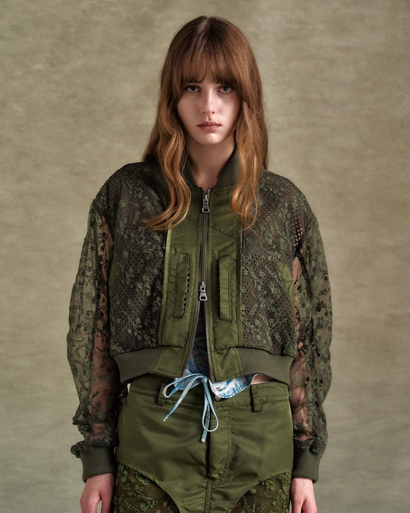 DOUBLE LAYERED LOGO LACE SHORT BOMBER awa703w(BROWN) sold by Andersson Bell