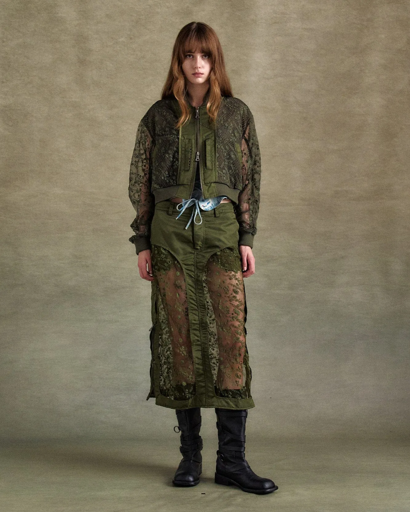 DOUBLE LAYERED LOGO LACE SHORT BOMBER awa703w(BROWN) sold by Andersson Bell product image thumbnail 5