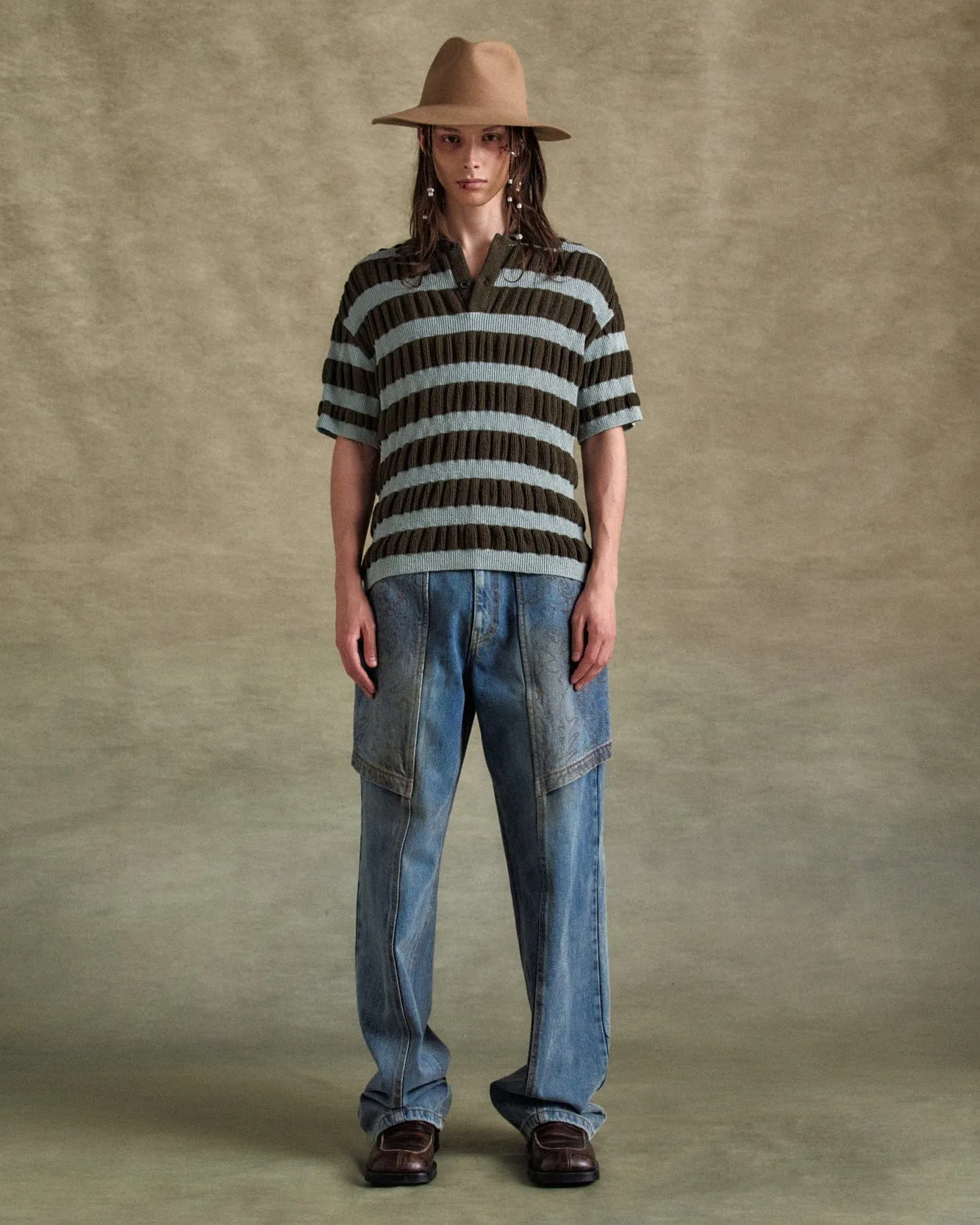 BUBBLE STRIPE POLO SWEATER atb1246m(BROWN/MINT) sold by Andersson Bell product image thumbnail 4