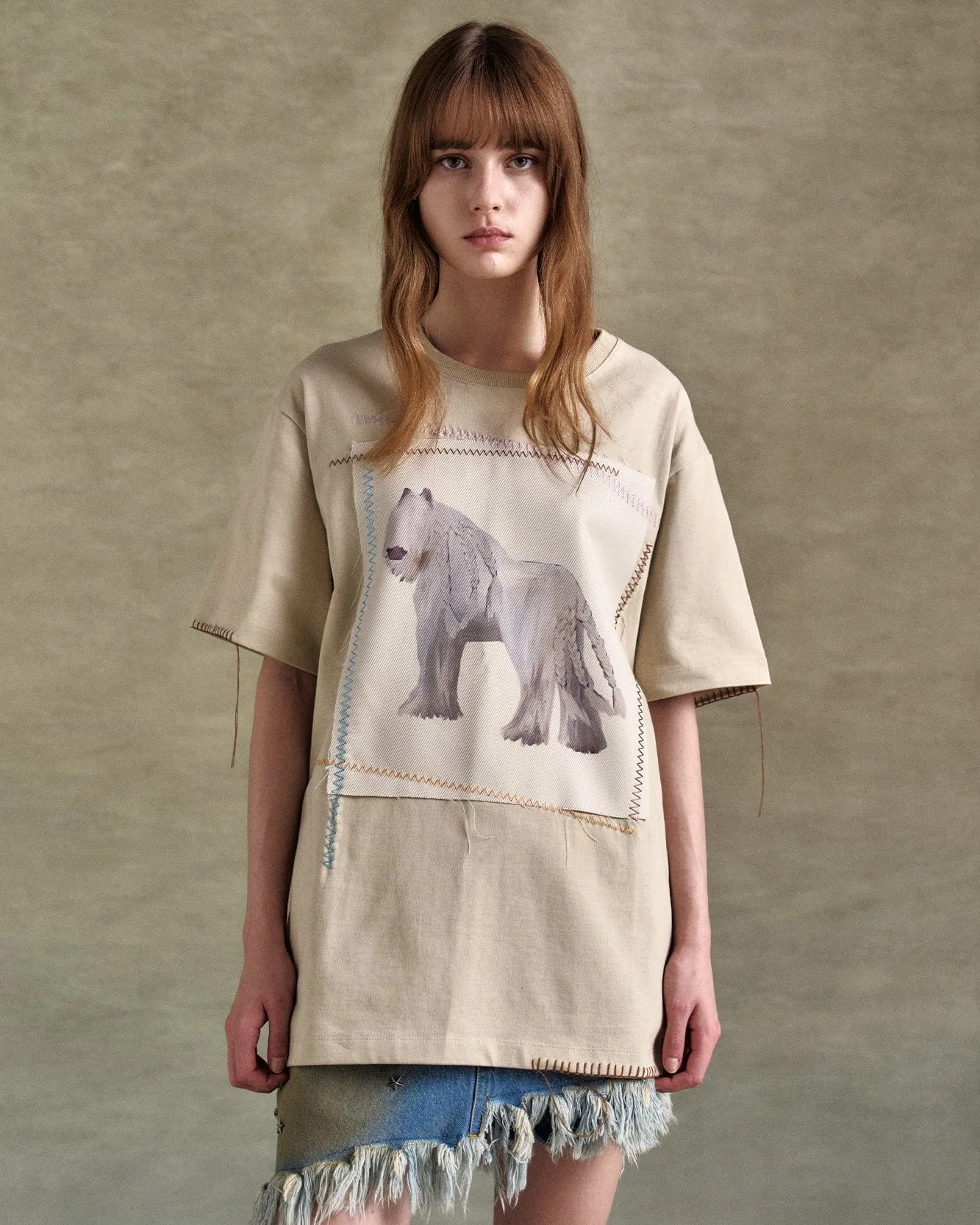(ESSENTIAL) HORSE PATCH OVERSIZED T-SHIRT atb1322w(BEIGE) sold by Andersson Bell