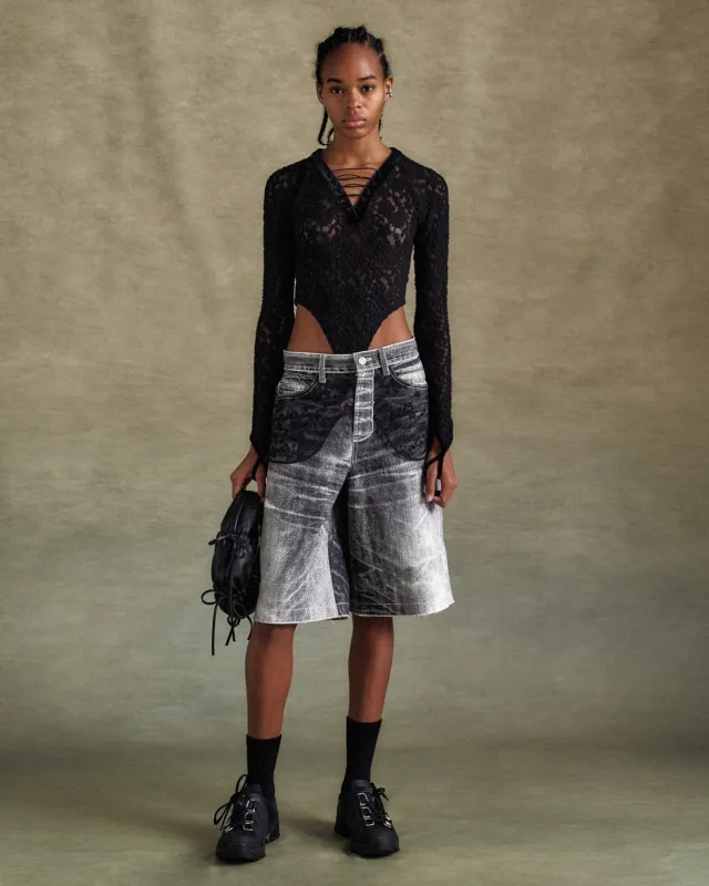 LACE PANELED WHITE DENIM SHORTS apa794w(WHITE) made by Andersson Bell