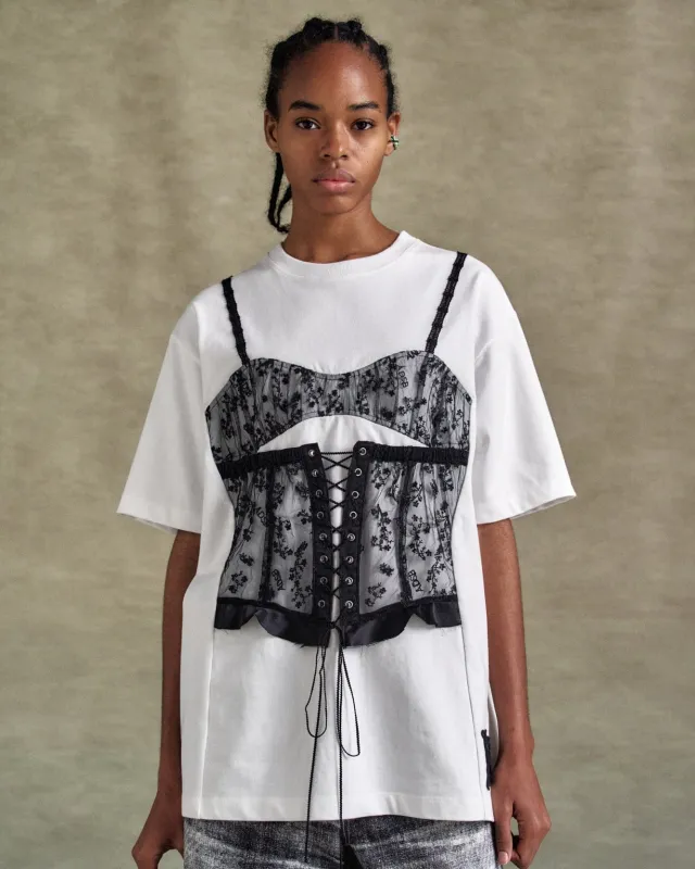 LACE CORSET OVERSIZED T-SHIRT atb1268w(WHITE) made by Andersson Bell