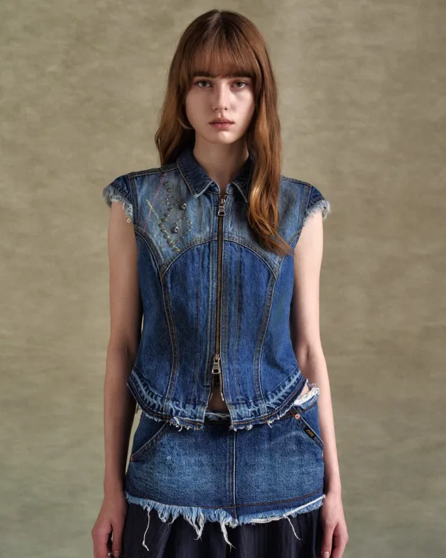 DUSTY DENIM RIVETED CAP SLEEVE VEST atb1300w(BLUE) made by Andersson Bell