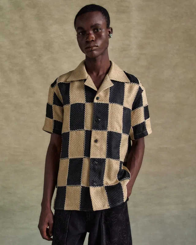 PATCHWORK OPEN COLLAR SHIRTS atb1233m(BLACK/BEIGE) sold by Andersson Bell