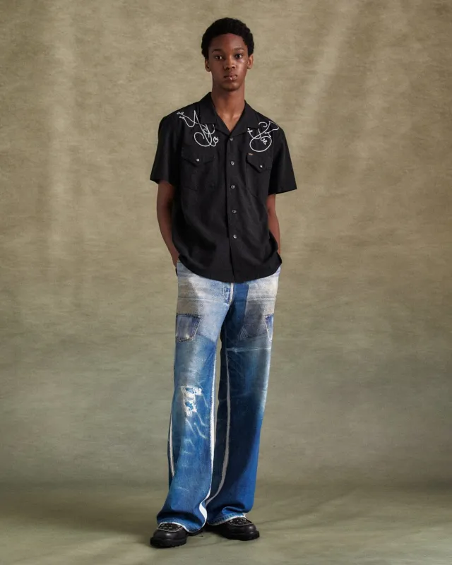 UNISEX DENIM TROMPE LOEIL MESH PANTS apa828u(BLUE) sold by Andersson Bell