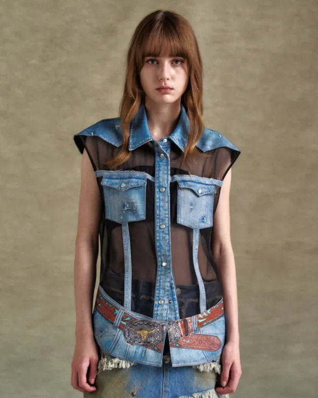 DENIM PRINTED SLEEVELESS SHIRTS atb1303w(DENIM/BLACK) sold by Andersson Bell