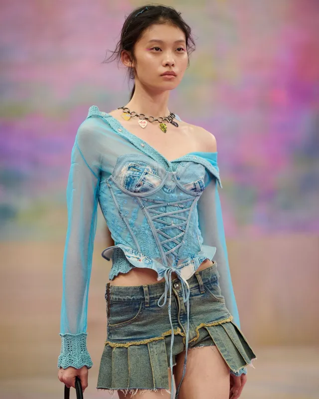 DENIM PRINT COMBO LOGO LACE CORSET TOP atb1307w(BLUE) sold by Andersson Bell