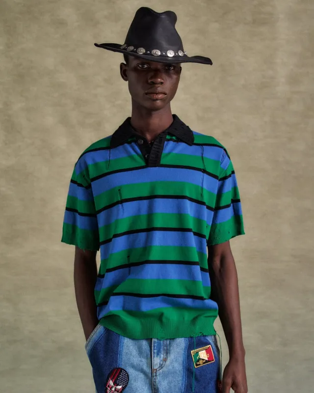 DAMAGED STRIPE POLO SWEATER atb1242m(BLUE/GREEN/BLACK) made by Andersson Bell