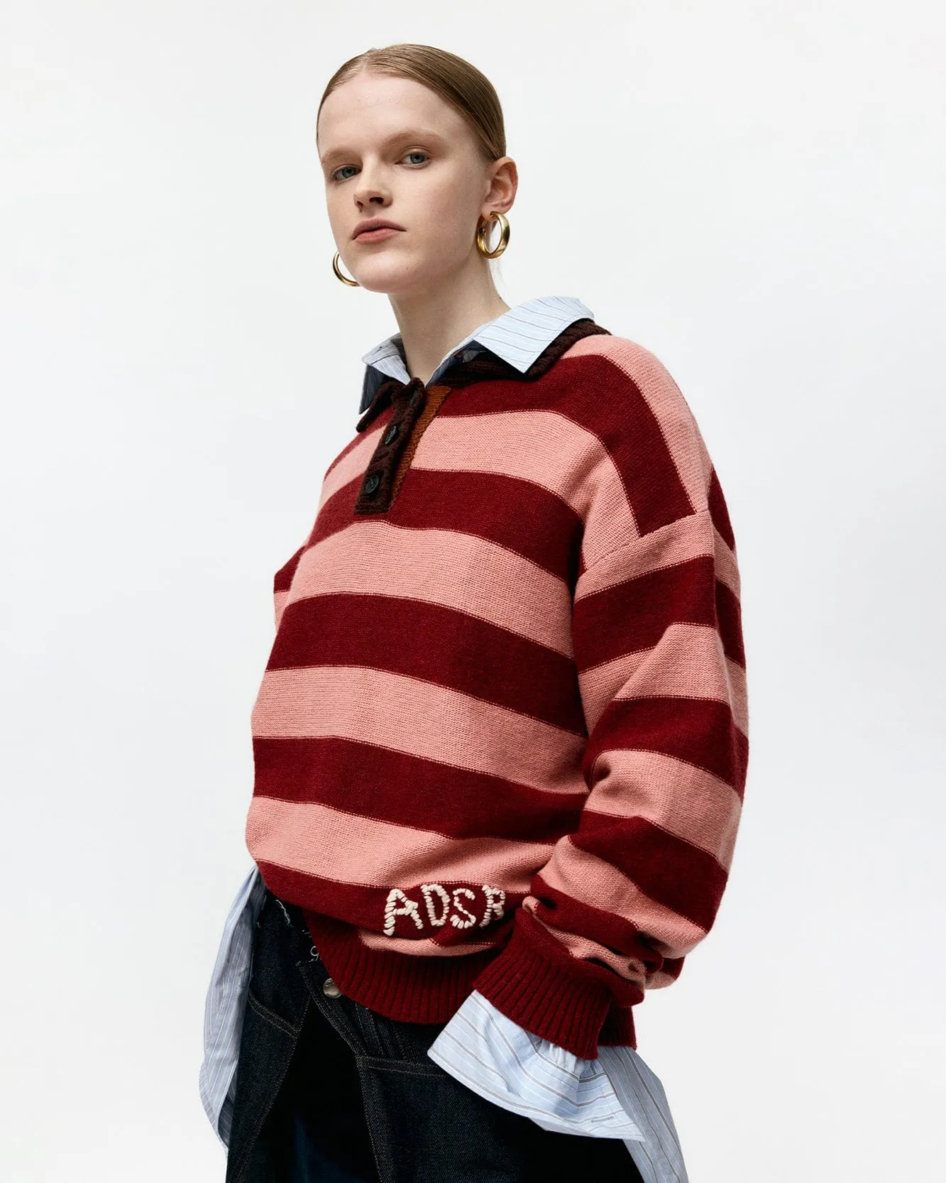 LOOSE-FIT STRIPE COLLAR SWEATER atb1399w(PINK/RED WINE) sold by Andersson Bell