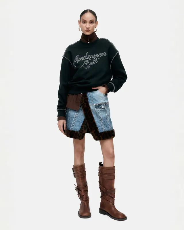 FUR-EDGED DENIM PRINT SKIRT apa863w(BLUE) sold by Andersson Bell