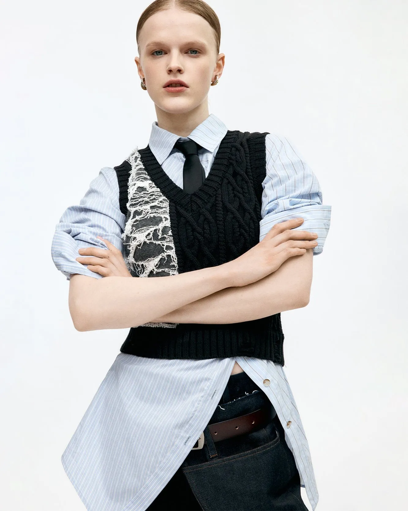 BOUCLE CABLE PATCHWORK KNIT VEST atb1355w(CHARCOAL) sold by Andersson Bell