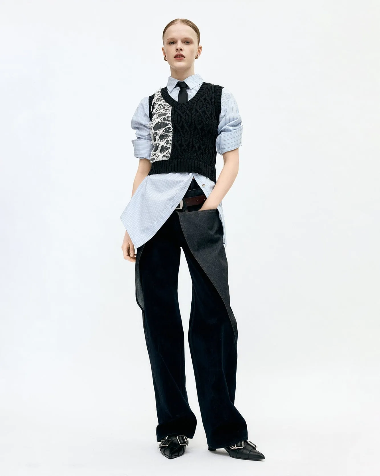 BOUCLE CABLE PATCHWORK KNIT VEST atb1355w(CHARCOAL) sold by Andersson Bell product image thumbnail 5