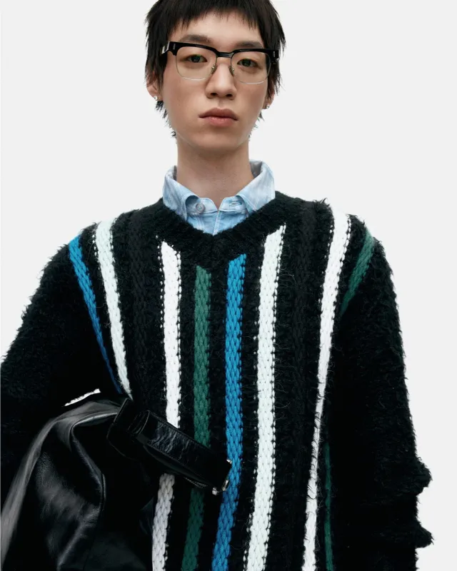 UNISEX V-NECK REVERSE STRIPE SWEATER atb1350u(BLACK) sold by Andersson Bell