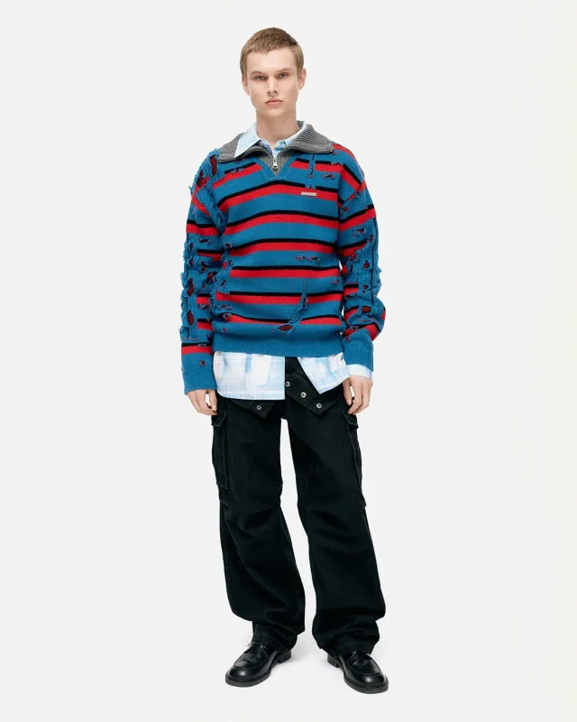 STRIPE JACQUARD HALF ZIP-UP SWEATER atb1331m(BLUE/RED) sold by Andersson Bell