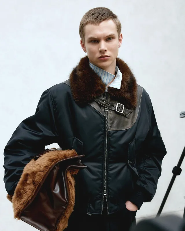 FUR COLLAR LEATHER PATCH MA-1 BOMBER awa736u(BLACK) sold by Andersson Bell