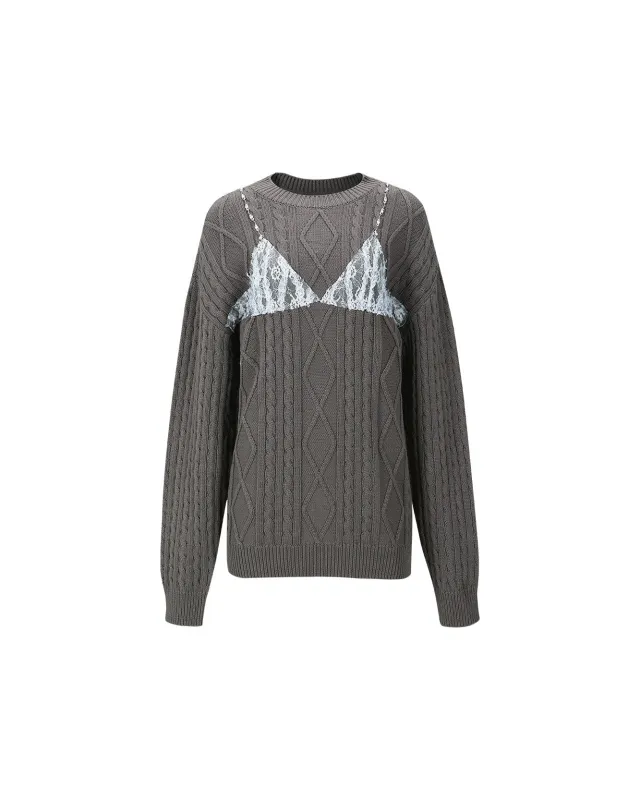 (WOMEN) TESS LACE ON BOYFRIEND-FIT KNIT SWEATER atb996w(D/GREY) sold by Andersson Bell