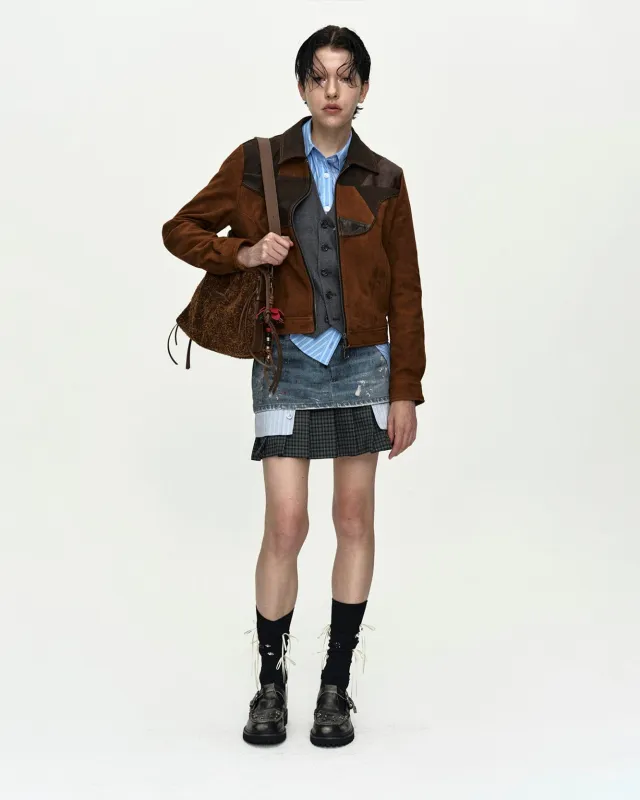 PAINTED DENIM LAYERED MINI PLEATS SKIRT apa884w(BLUE) made by Andersson Bell