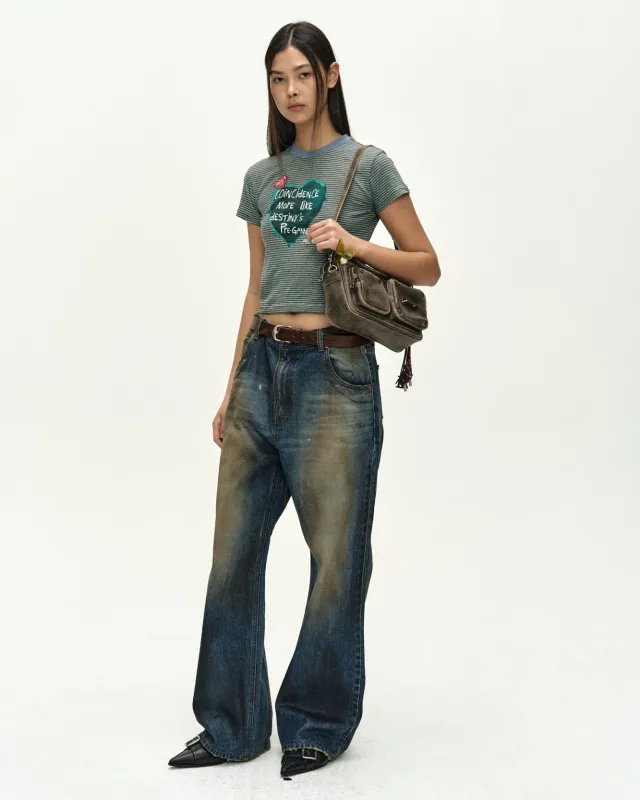 [5/18 Scheduled Delivery] (ESSENTIAL) HEART MESSAGE STRIPE T-SHIRT atb1465w(CHOCO/MINT) made by Andersson Bell