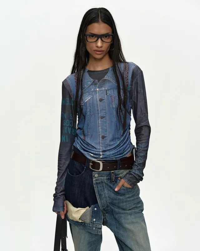 DENIM COLLAGE PRINTED TOP atb1473w(DARK NAVY) made by Andersson Bell