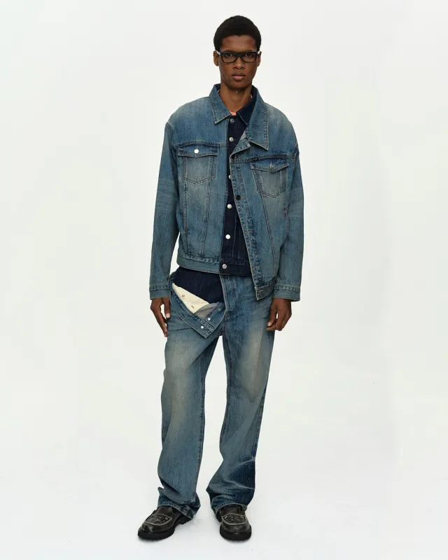 UNISEX ASYMMETRIC LAYERED WIDE-LEG JEANS apa871u(BLUE) made by Andersson Bell