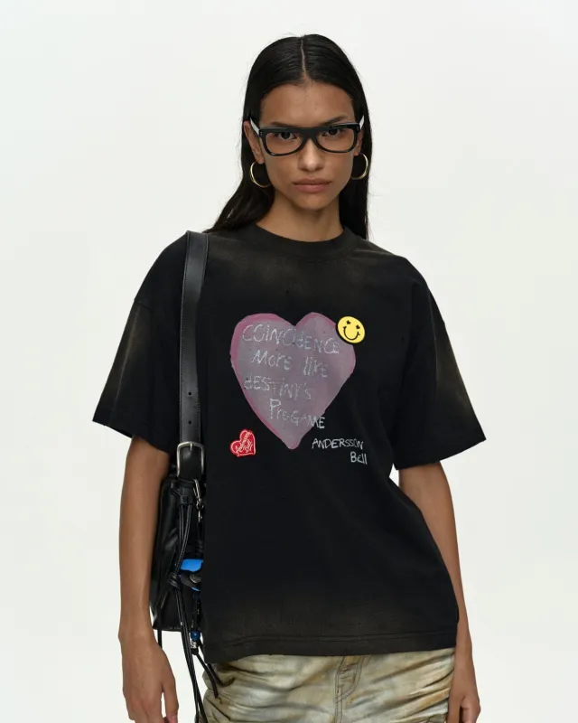 (ESSENTIAL) UNISEX SPRAY WASHED HEART MESSAGE T-SHIRT atb1432u(BLACK) made by Andersson Bell