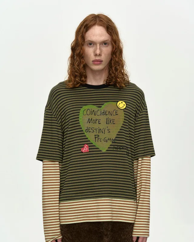 [5/6 Scheduled Delivery] (ESSENTIAL) HEART MESSAGE STRIPE LAYERED L/S T-SHIRT atb1430m(KHAKI) made by Andersson Bell
