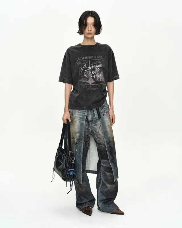 DENIM TROMPE-L'OEIL GRAPHIC WRAP SKIRT apa918w(MID BLUE) made by Andersson Bell