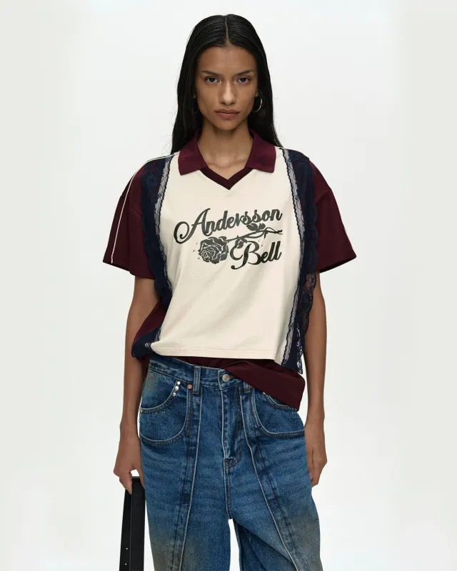 LACE TRIMMED POLO JERSEY TOP atb1487w(WINE/LIGHT YELLOW) sold by Andersson Bell