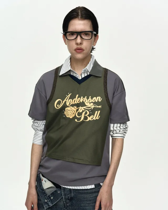 LACE TRIMMED POLO JERSEY TOP atb1488w(GREY/KHAKI) sold by Andersson Bell