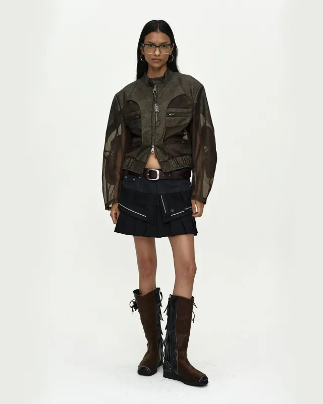 KELLY FAUX-LEATHER & SHEER RIDER JACKET awa758w(KHAKI) made by Andersson Bell