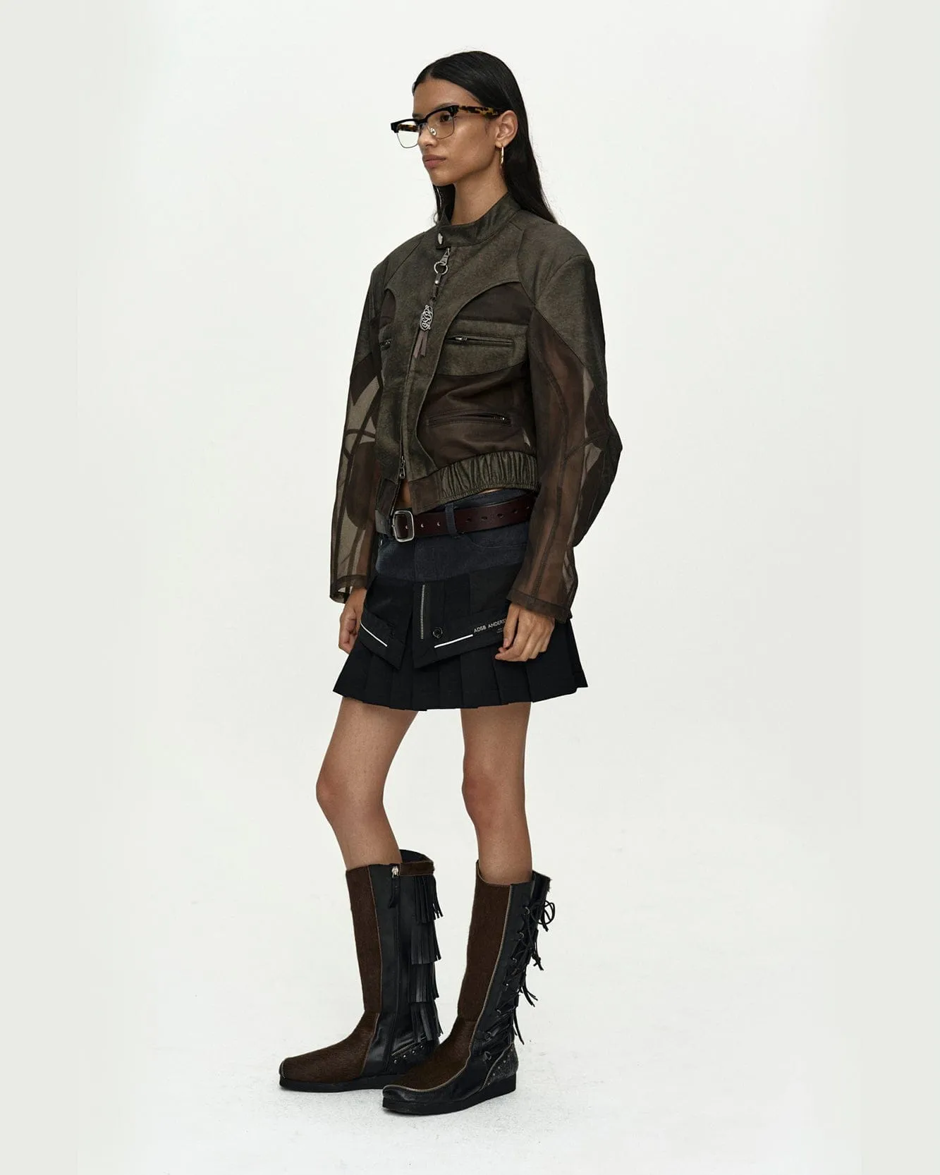KELLY FAUX-LEATHER & SHEER RIDER JACKET awa758w(KHAKI) sold by Andersson Bell product image thumbnail 4
