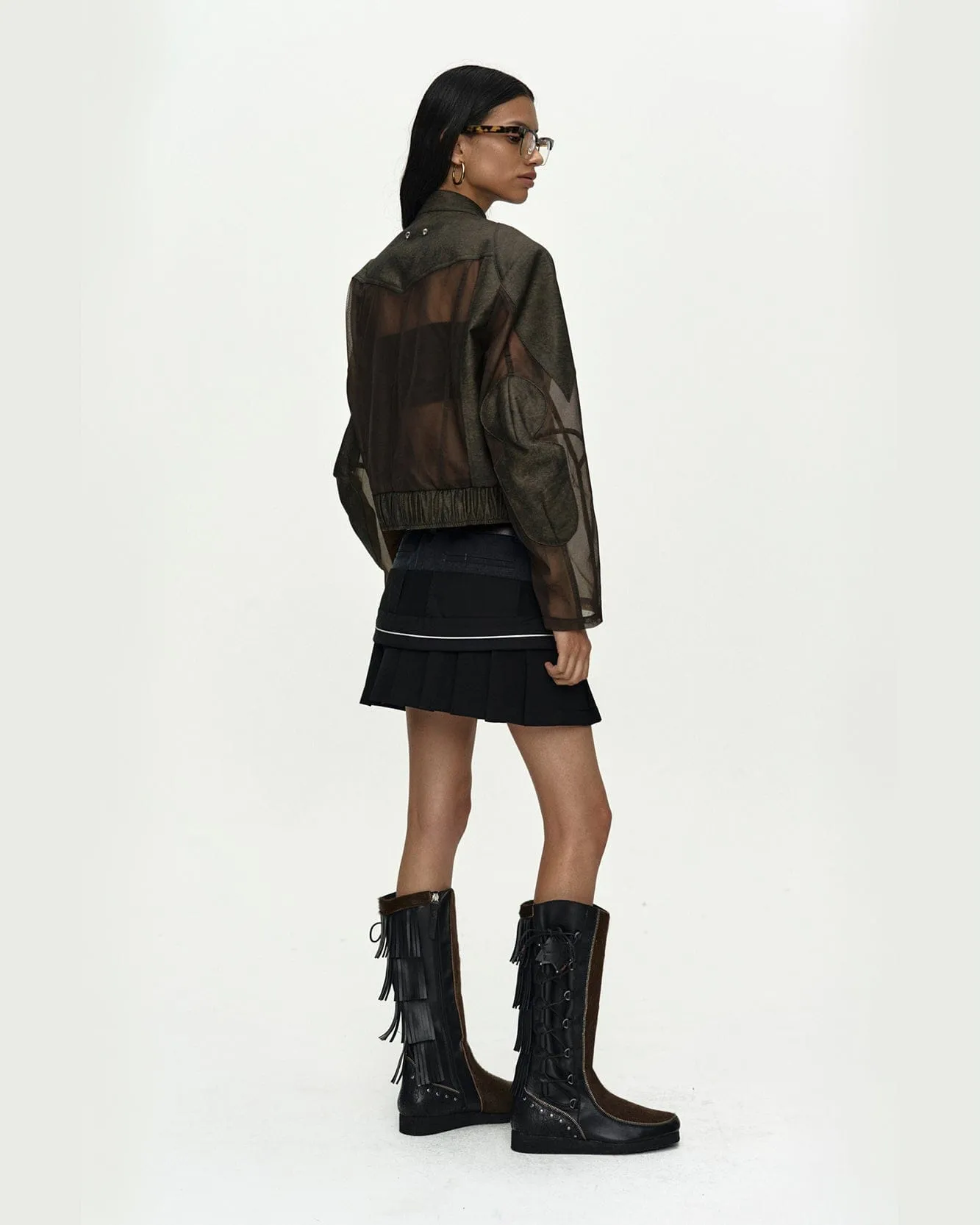 KELLY FAUX-LEATHER & SHEER RIDER JACKET awa758w(KHAKI) sold by Andersson Bell product image thumbnail 5