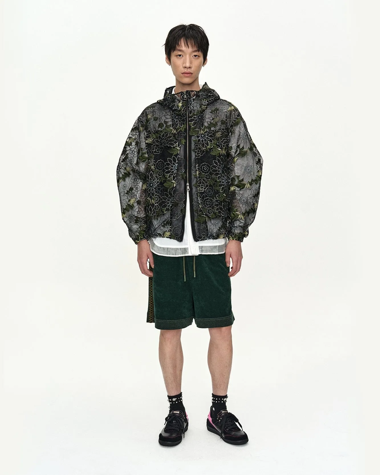 FLOWER EMBROIDERY SHEER HOODIE JACKET awa761m(BLACK) sold by Andersson Bell