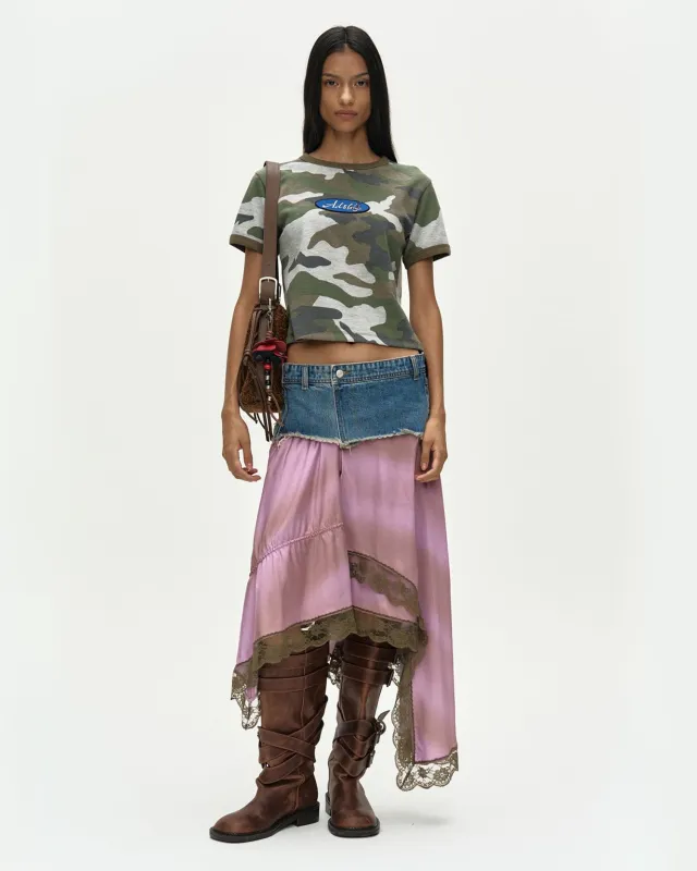 DENIM COMBINATION LACE HEM SKIRT apa891w(DENIM/PINK) made by Andersson Bell