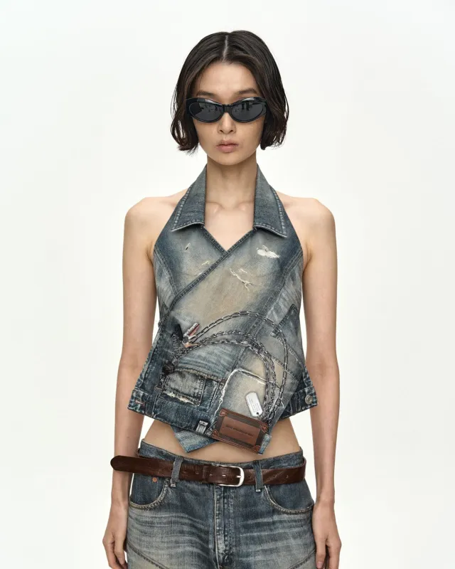 UPSIDE-DOWN PRINTED DENIM HALTER TOP atb1574w(WASHED BLUE) made by Andersson Bell