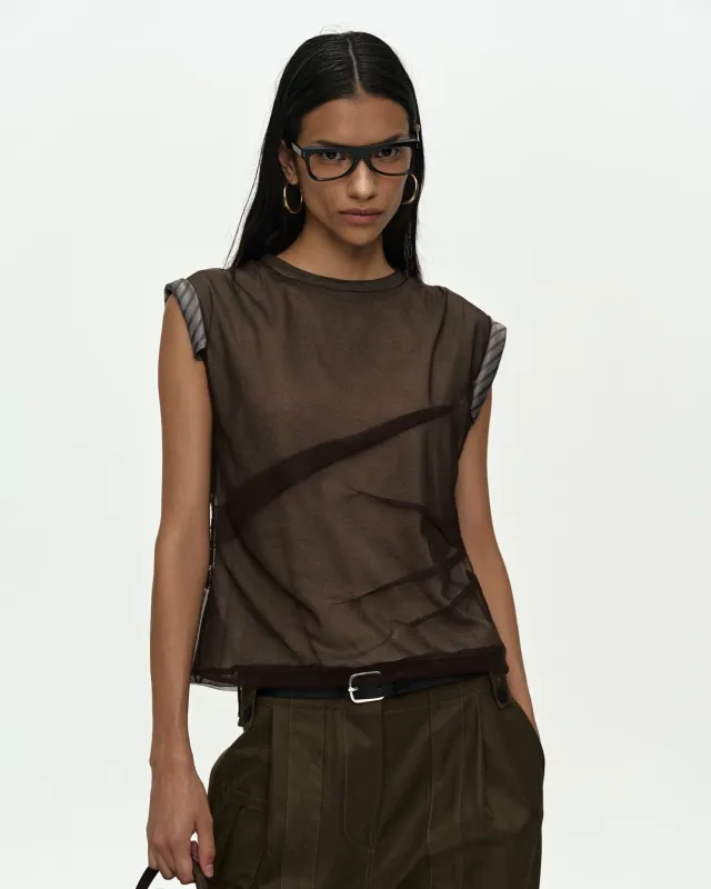 LAYERED MESH TUCK & DART TOP atb1522w(BROWN) made by Andersson Bell