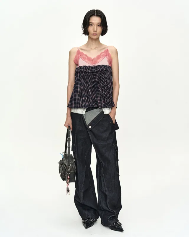 PLEATS COMBO LACE-TRIM CAMI TOP atb1576w(PINK) made by Andersson Bell