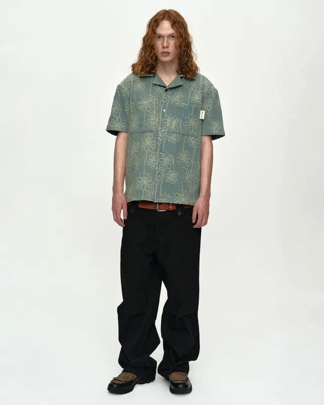 FLOWER EMBROIDERY OPEN COLLAR SHIRT atb1446m(BLUE) made by Andersson Bell