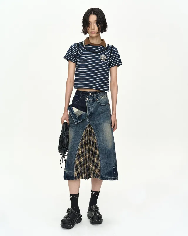 SHIRRING BINDING STRIPE COLLAR TOP atb1559w(BLUE) made by Andersson Bell