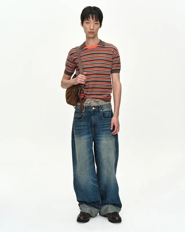 STRIPE LAYERED POLO SWEATER atb1533m(BROWN/ORANGE) made by Andersson Bell