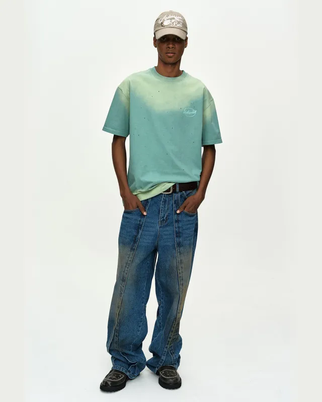 GRADIENT DAMAGE WASHED T-SHIRT atb1440m(GREEN/SKY BLUE) made by Andersson Bell