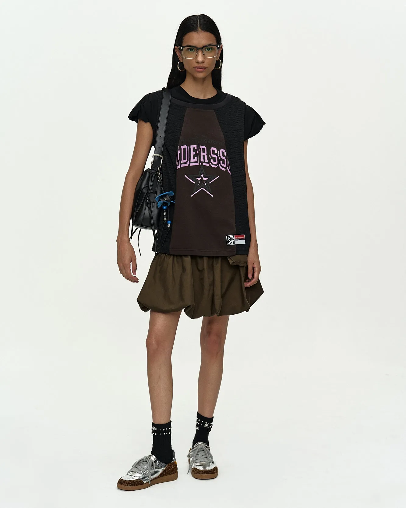 BASKETBALL JERSEY LAYERED ROLL UP T-SHIRT atb1449w(BLACK/BROWN) sold by Andersson Bell